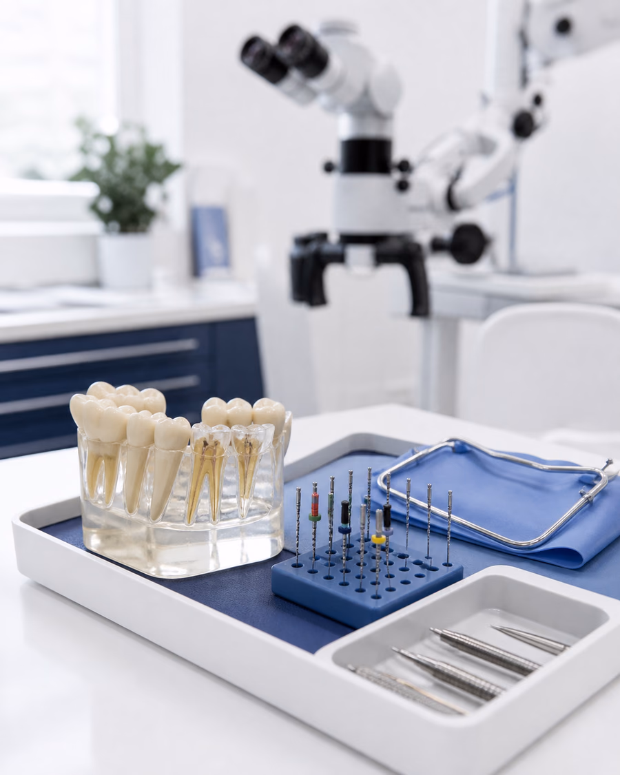 Endodontic planning tray with a neutral tooth model and precision files