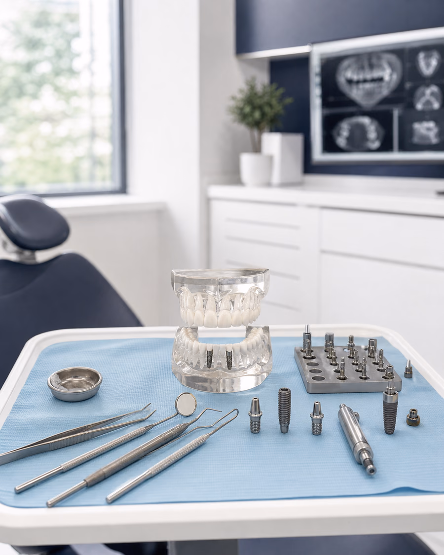 Dental implant planning tray with a neutral dental model and sterile instruments
