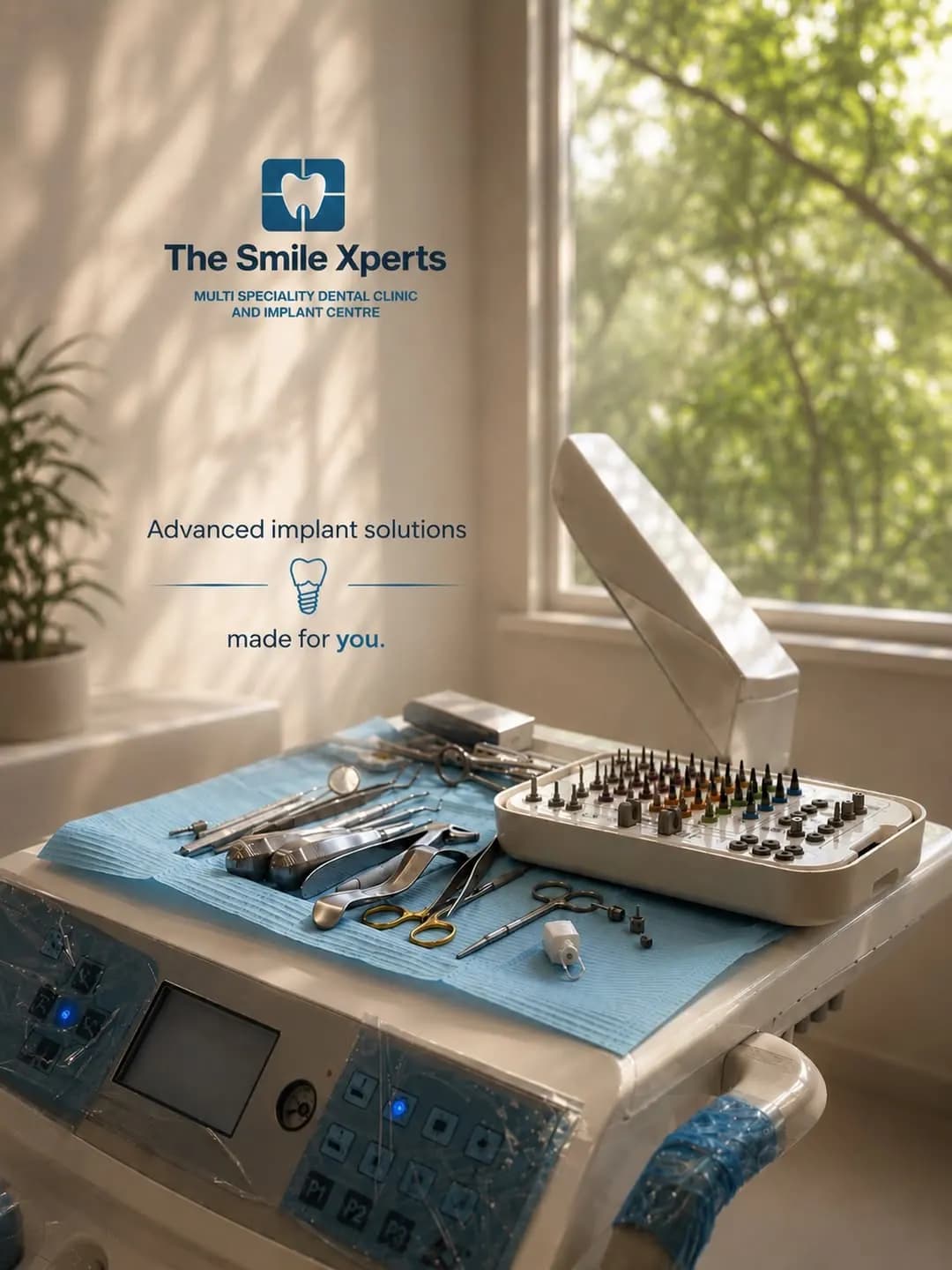 Branded Smile Xperts implant-care setting with prepared dental instruments