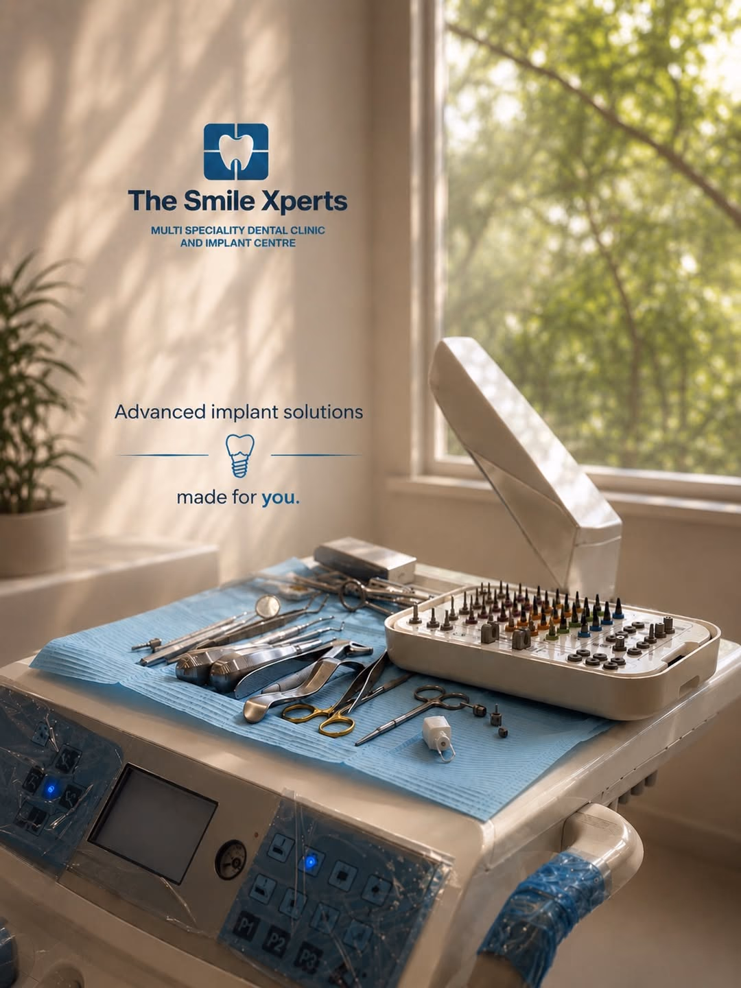 Branded Smile Xperts implant-care setting with prepared dental instruments