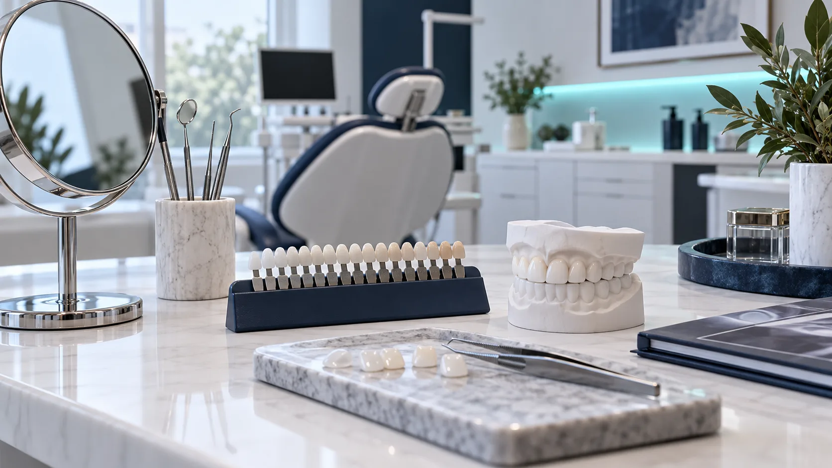 Cosmetic dentistry shade guide and ceramic veneers model in a premium dental consultation setting