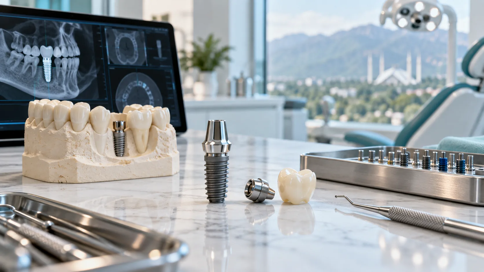 Dental implant planning model and implant components in a premium dental clinic setting