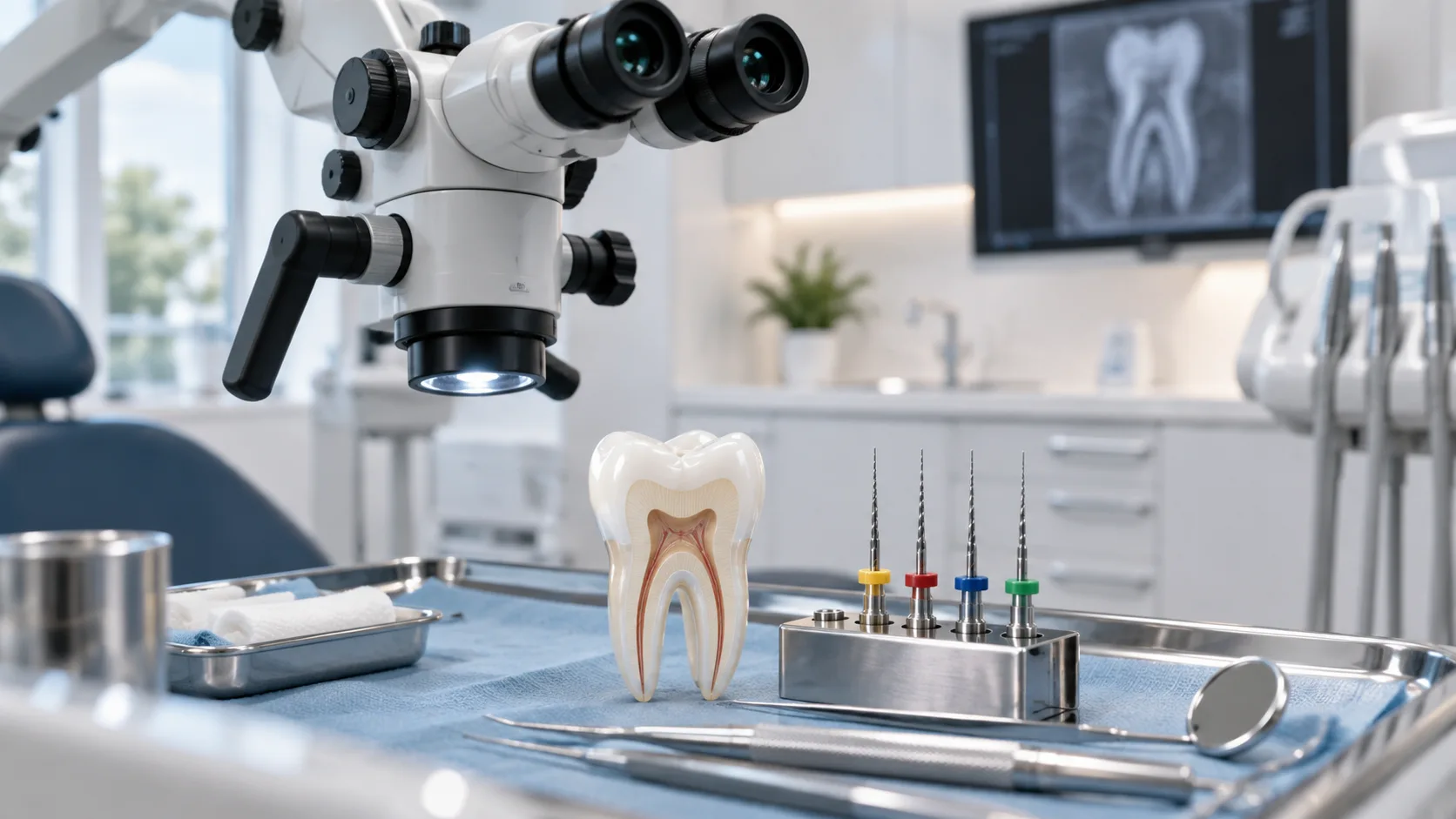 Endodontic microscope and root canal instruments in a modern dental treatment room