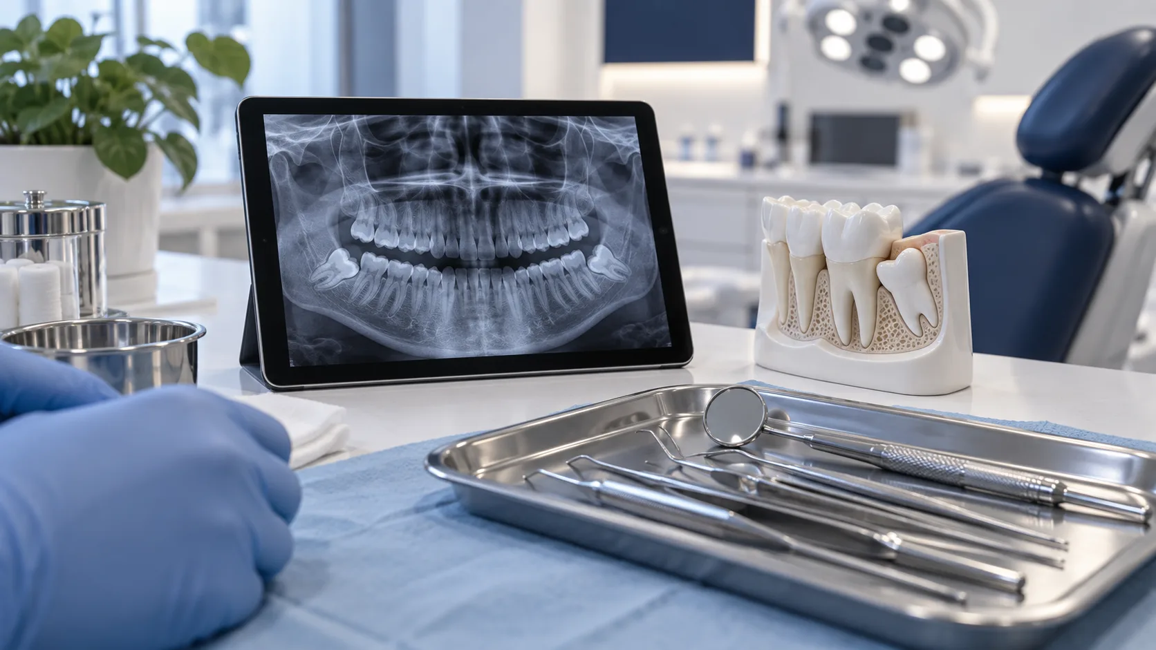 Wisdom tooth x-ray and oral surgery planning instruments in a clean dental clinic