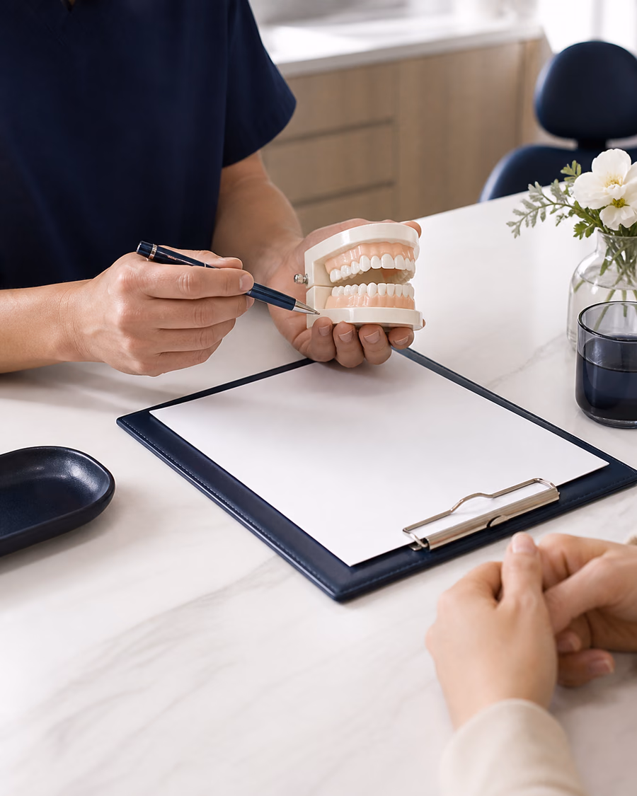 Clinician hands reviewing a neutral dental model during a treatment consultation