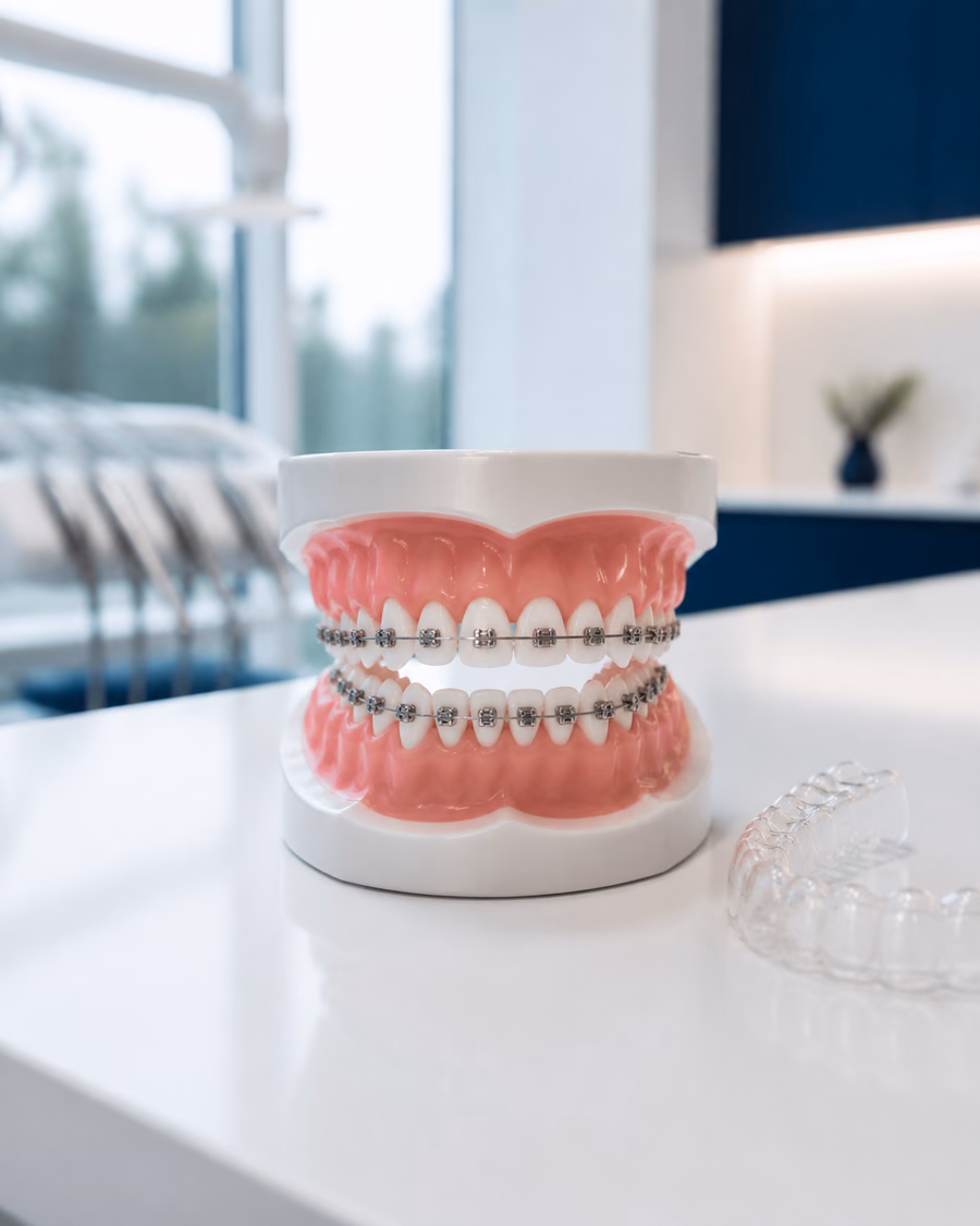 Orthodontic brackets and archwire arranged beside a neutral dental model