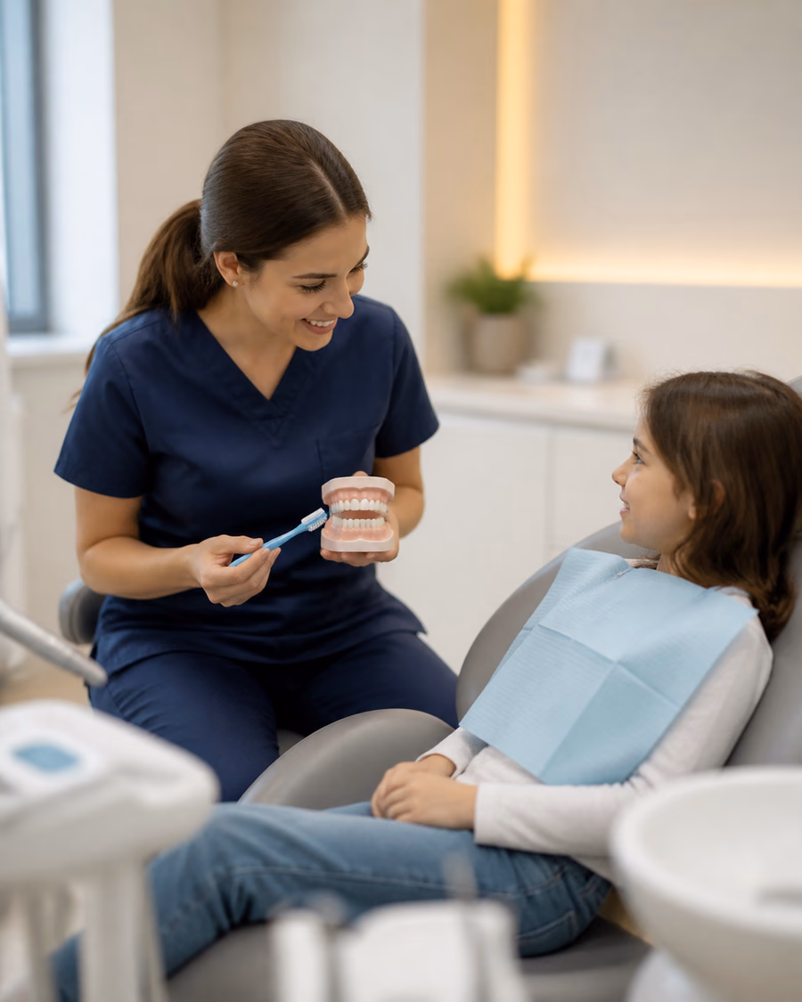 Calm child-friendly dental check-up environment with a toothbrush and neutral dental model
