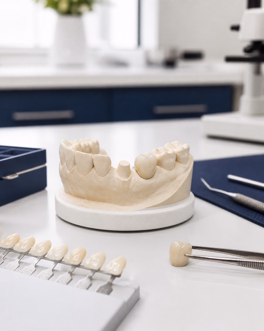 Ceramic dental crown and neutral dental model on a restorative workstation